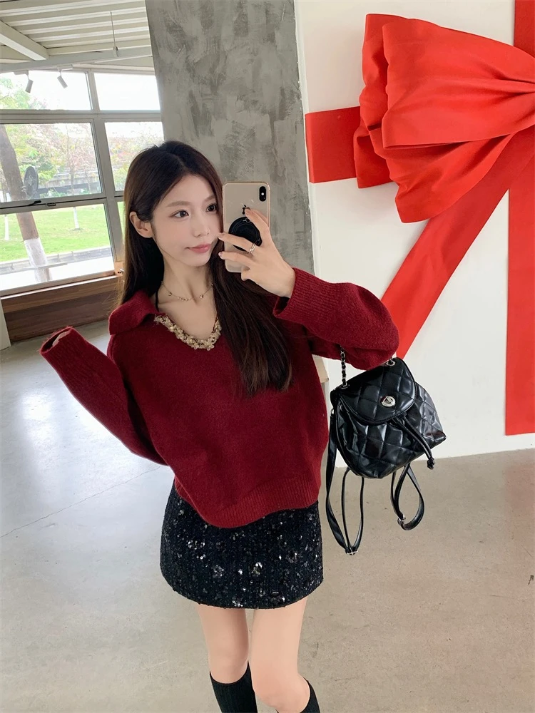 #8155法式v领毛衣慵懒设计感小众软糯上衣+亮片半裙