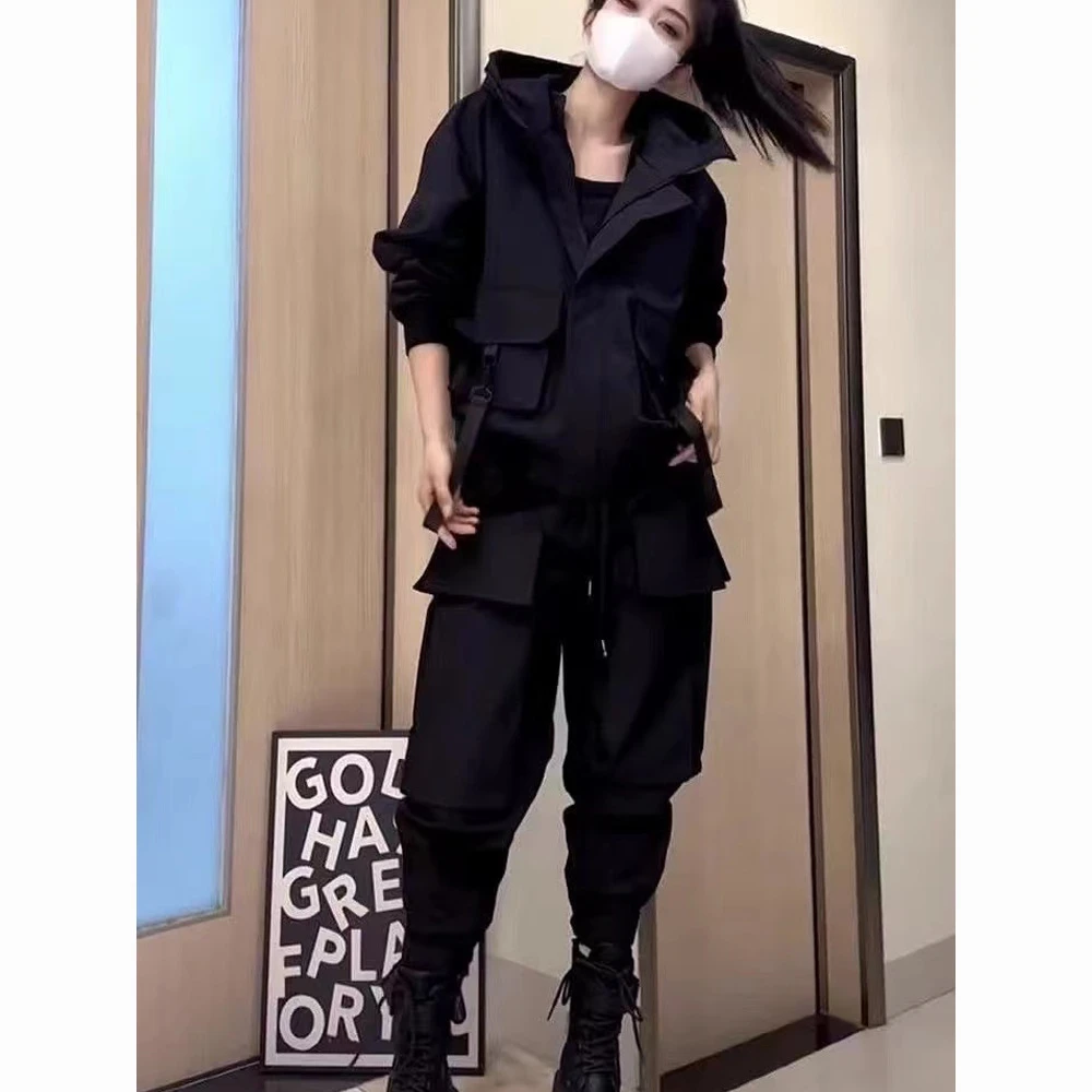 春秋美式连帽休闲外套工装裤时尚运动夹克百搭帅气时尚两件套洋气