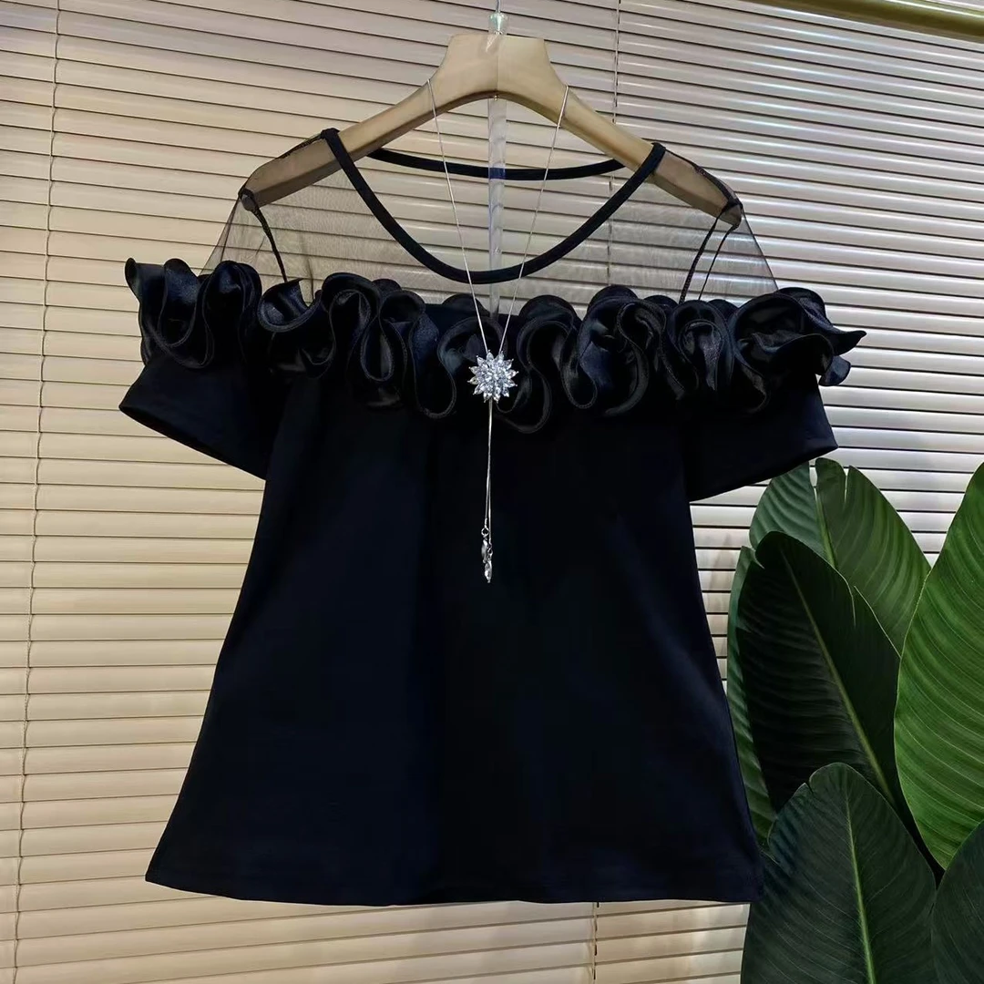 Q胖mm欧货时尚新款重工网纱拼接气质显瘦短袖上衣