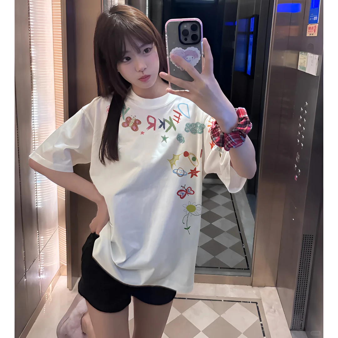 labzaa美式ins趣味彩色字母印花短袖T恤男女夏季休闲纯棉宽松上衣