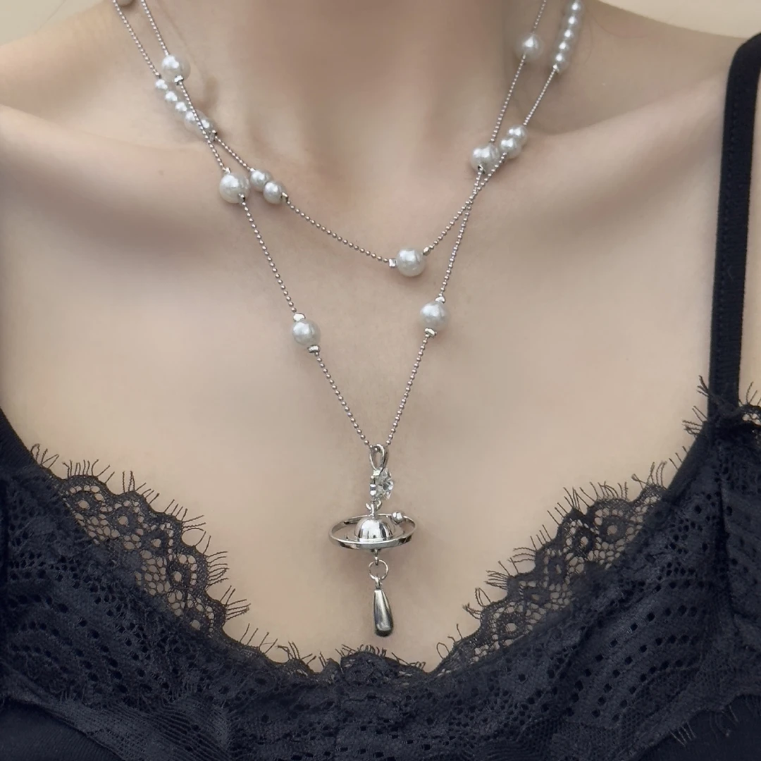轻奢双层土星水滴珍珠项链小众感锁骨链女颈链配饰