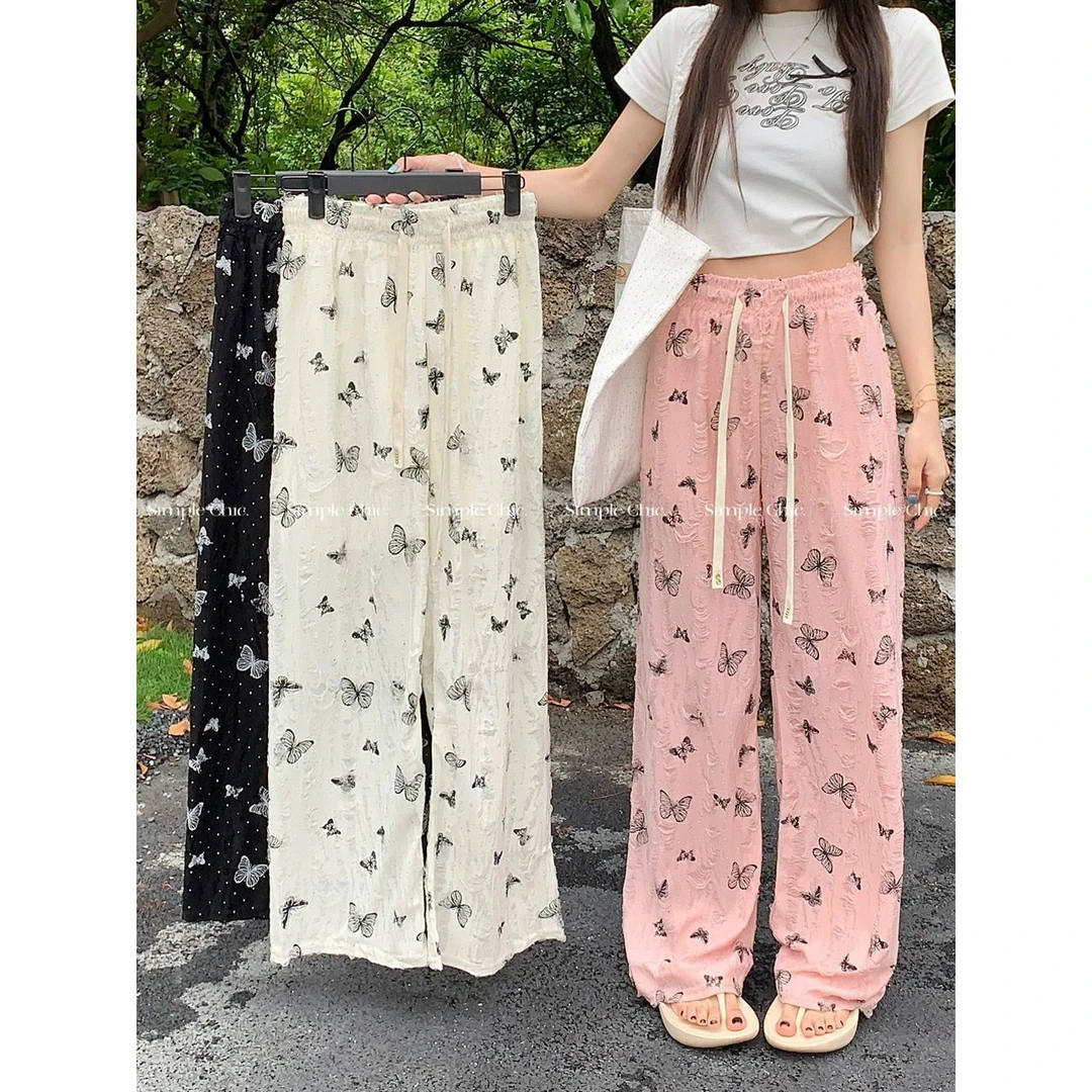 大码胖m200斤破洞烫钻蝴蝶印花阔腿裤女夏季高腰直筒宽松休闲长裤