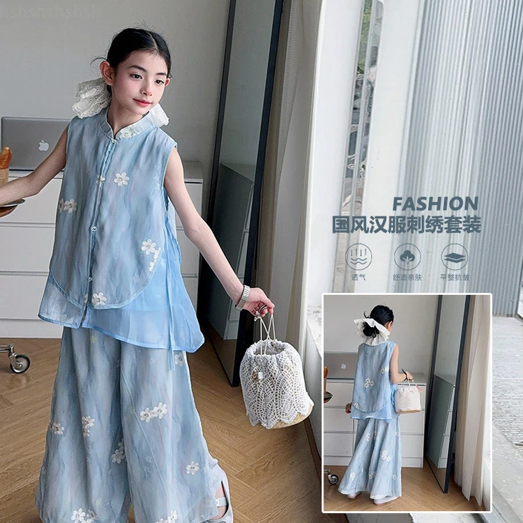 绣花清新女童夏季两件套国风可爱中大童套装舒适丸子家贝壳笛