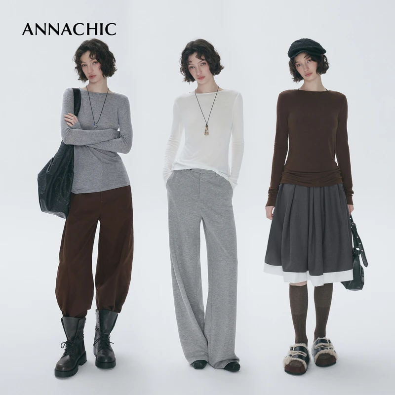 ANNACHIC时髦基础_云感天丝羊毛长袖t恤女秋/内搭打底衫/修身上衣