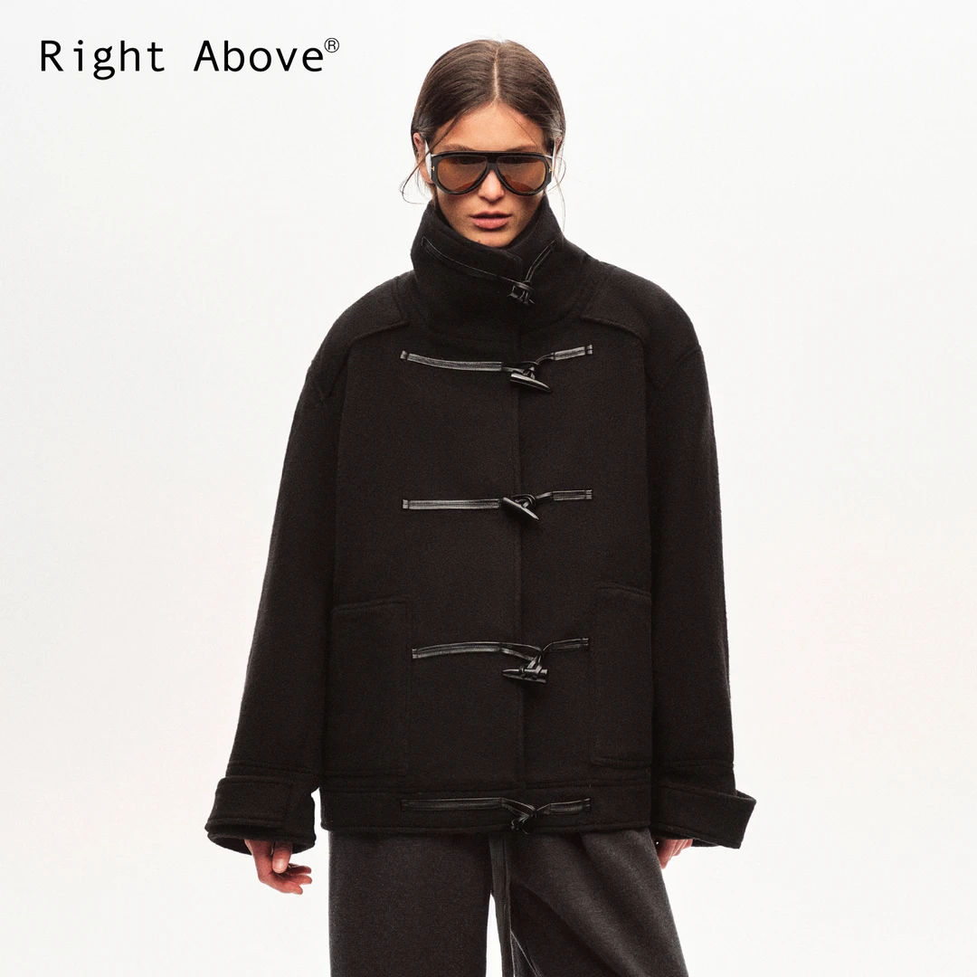 Right Above 苏力羊驼羊毛毛呢牛角扣大衣短外套复古短风衣外套冬