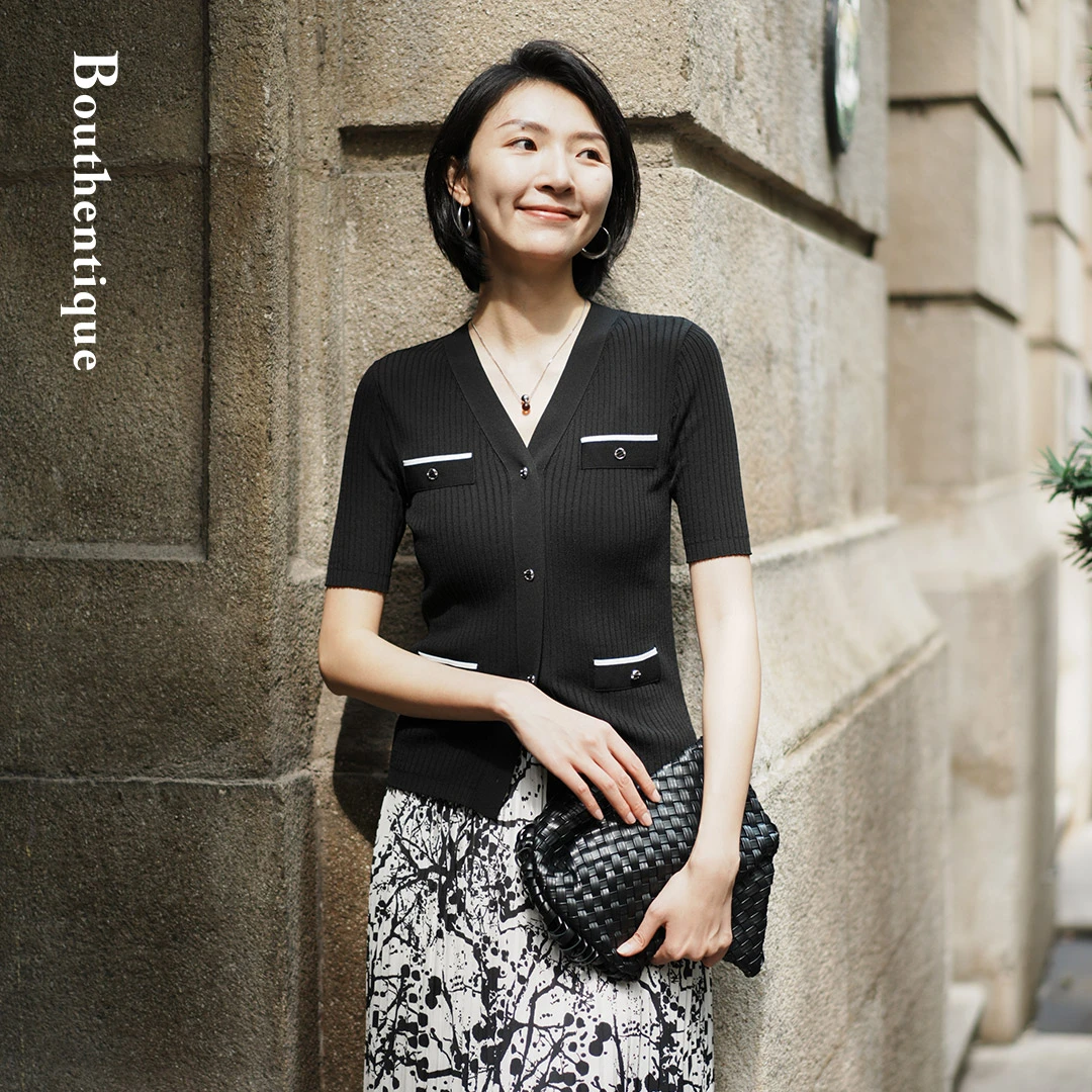 Bouthentique设计罗纹边V领直襟毛织外套224141F2Z16