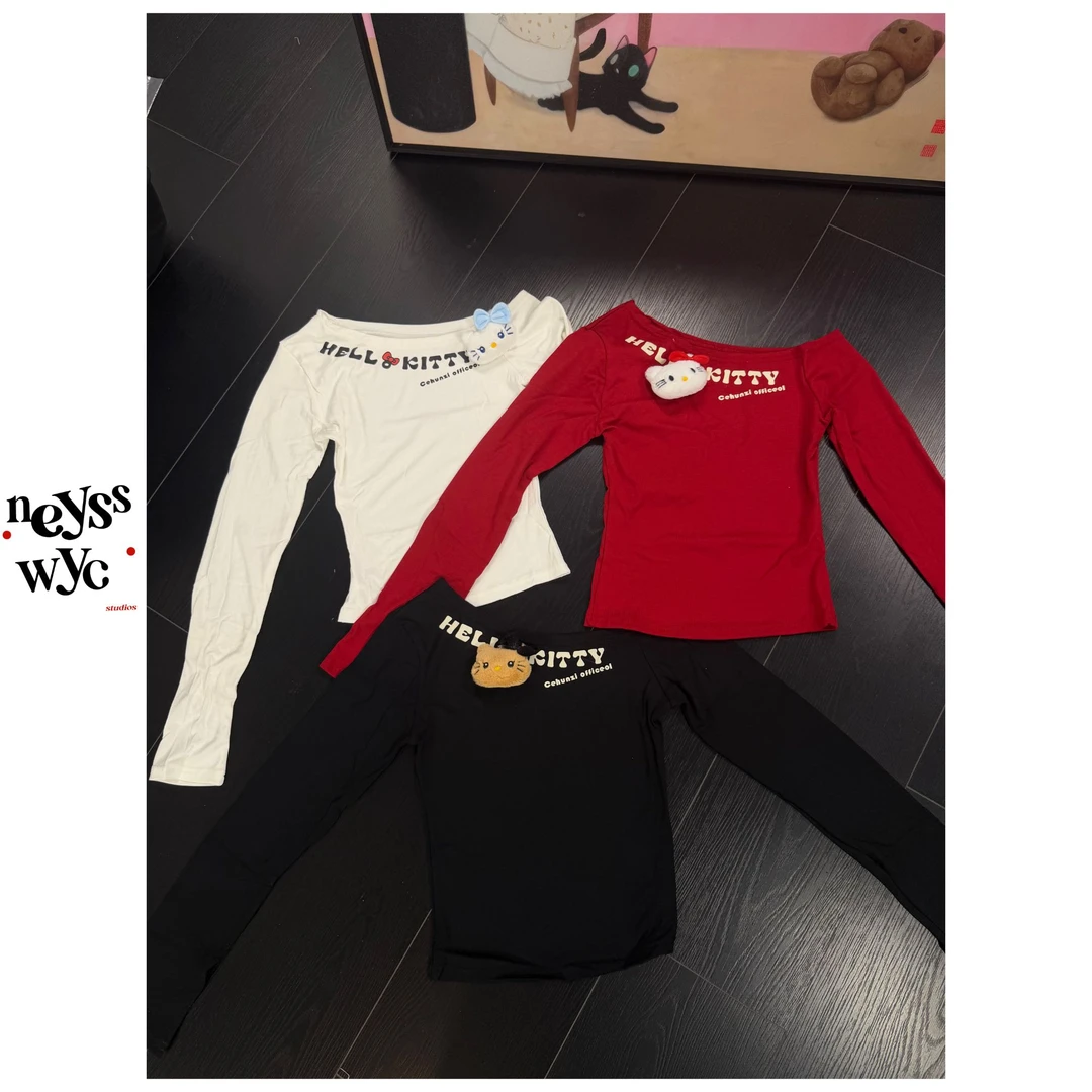 NEYSSWYC 修身长袖斜肩+玩偶春秋印花ins卡通显瘦女生小众可爱