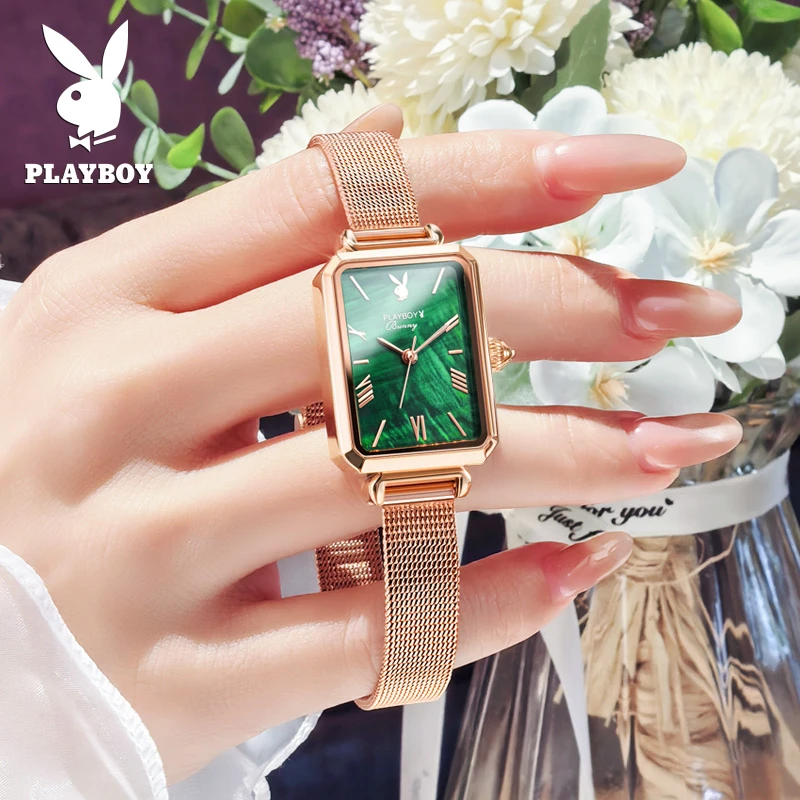 花花公子2025新款正品牌高级小绿表小方表手表女时尚石英送女友