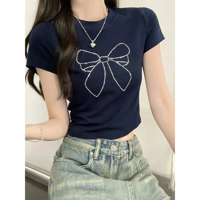 Moses Queen/魔西女王正肩烫钻蝴蝶结短袖T恤辣妹修身短款上衣