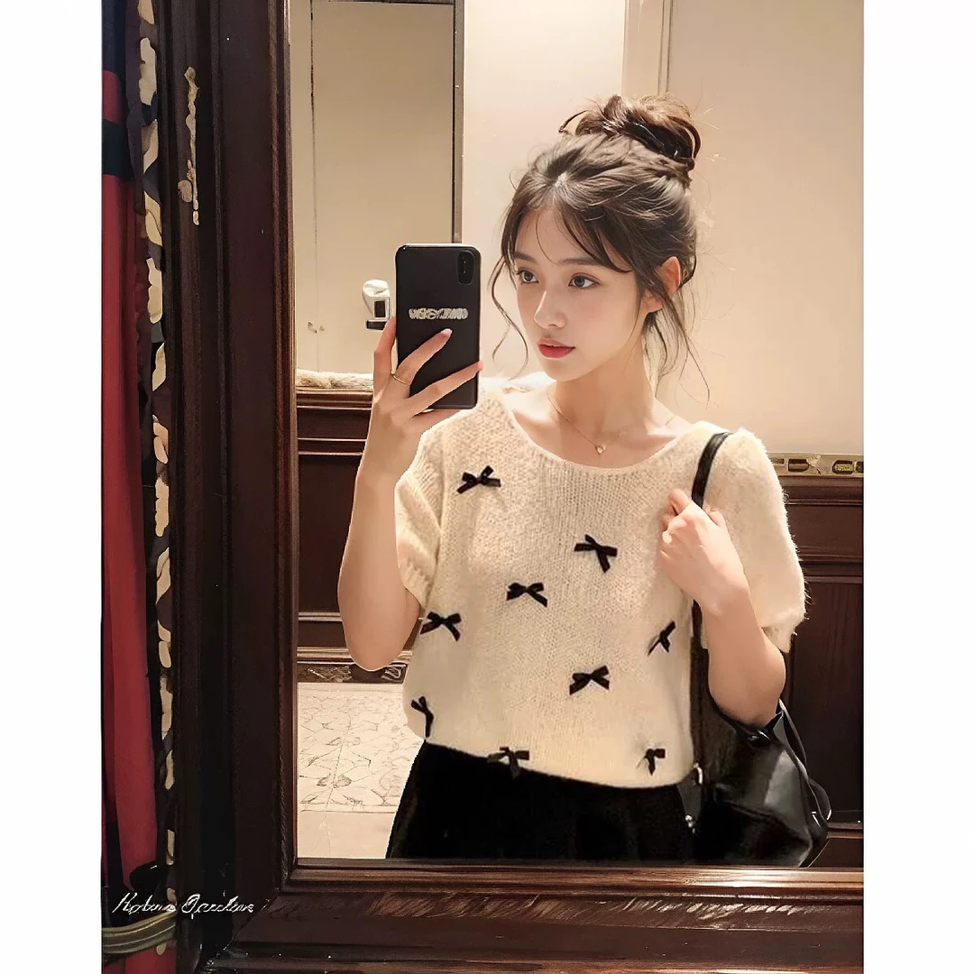 美式复古粉色刺绣短袖针织衫女夏季圆领套头百搭修身显瘦 7776