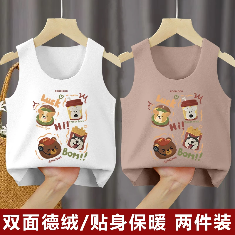 儿童秋冬保暖德绒打底背心女童内穿卡通印花休闲百搭无袖上衣童装