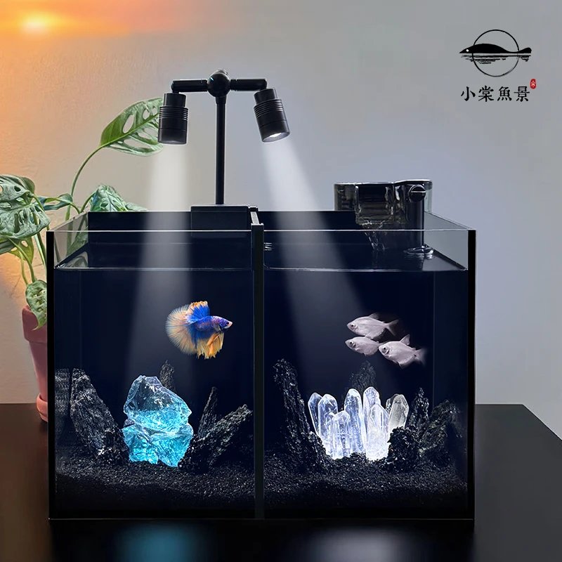 暗黑双格鱼缸小型客厅水晶造景南美斗鱼鱼缸桌面免换水超白玻璃缸