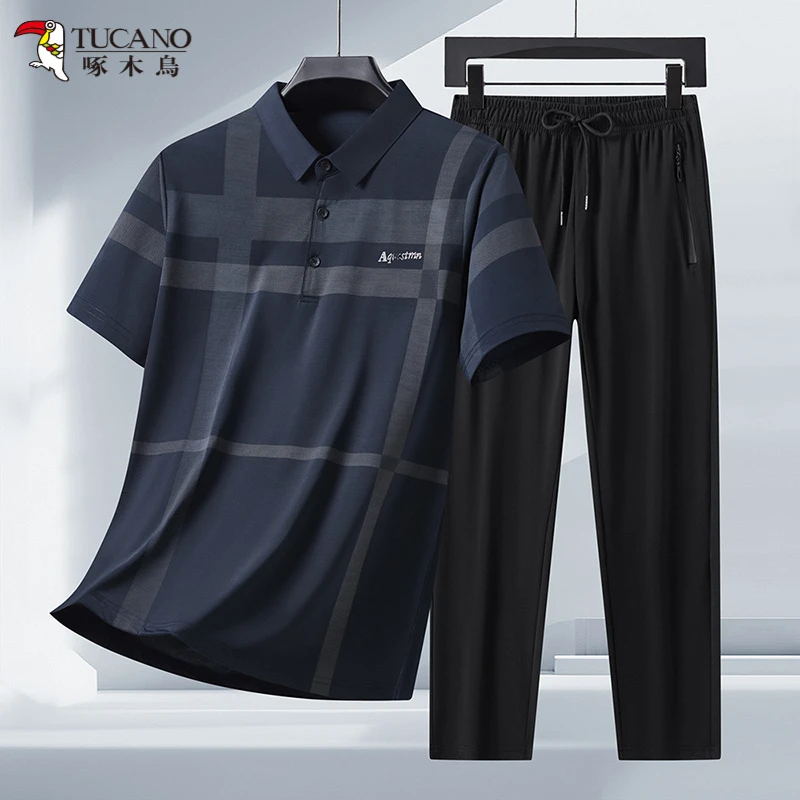 TUCANO/啄木鳥夏装男士冰丝套装夏天翻领裤子透气休闲运动套装半