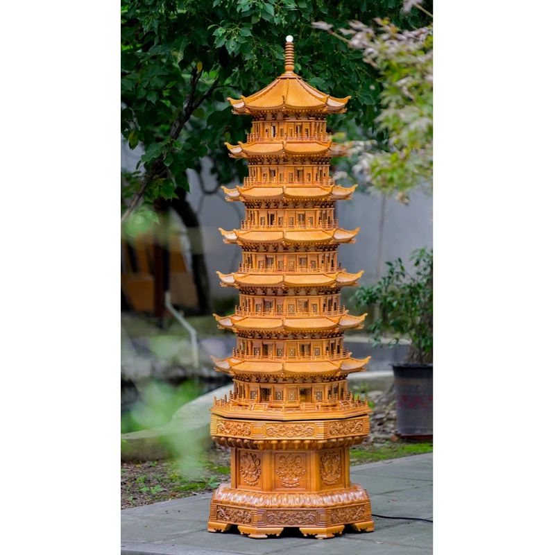 中式木雕古建筑模型215cm高黄杨木八角塔摆件旋转发光