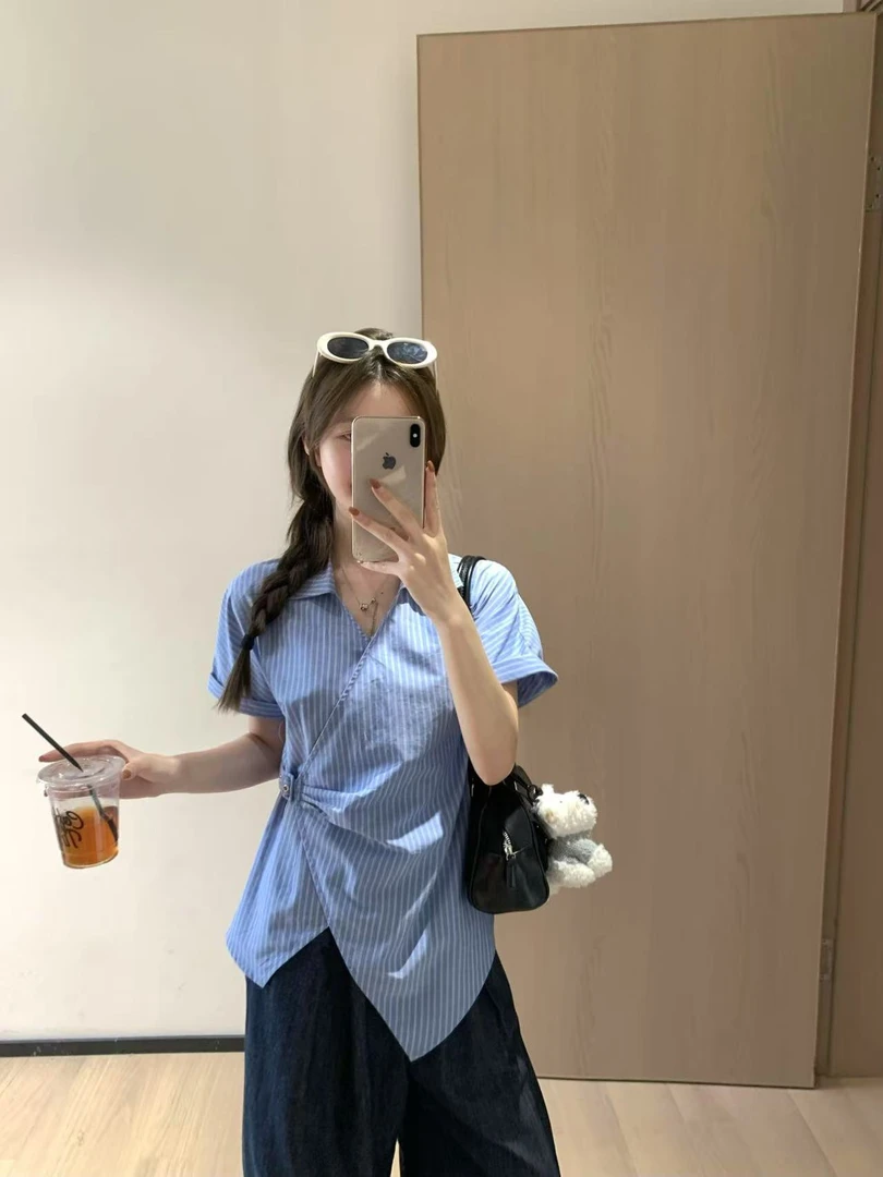 韩11蓝色气质条纹V领衬衫女温柔风收腰显瘦百搭短袖上衣87637