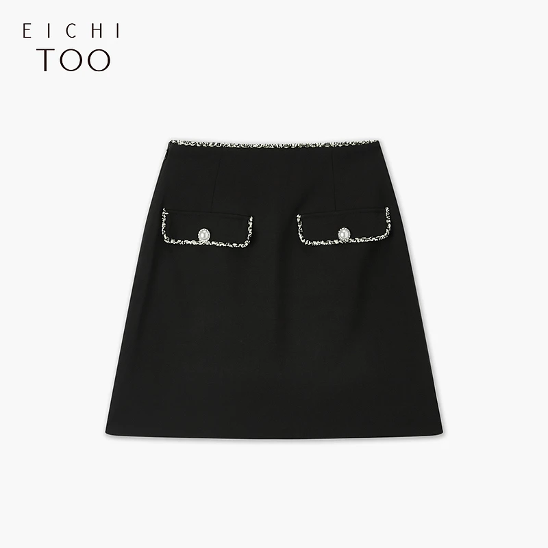 B爱居兔仿珍珠扣对称翻袋装饰修身短款半身裙EQDDJ1P022A