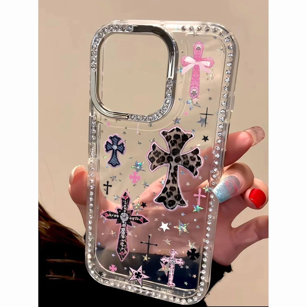 点钻豹纹十字架适用iPhone14苹果15promax手机壳16pro软131211女