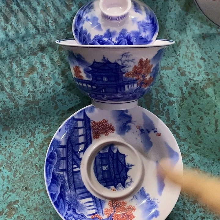摆件陶红稀土青花釉里红山水盖碗