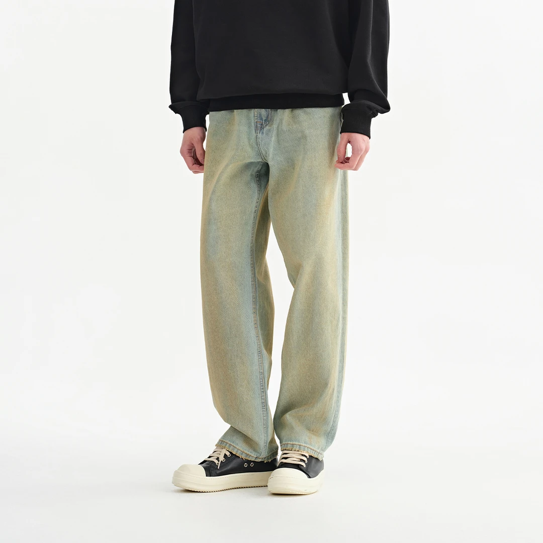 CHINISM赤尘 水洗泥染做旧黄泥色牛仔裤男美式复古男生脏染直筒裤