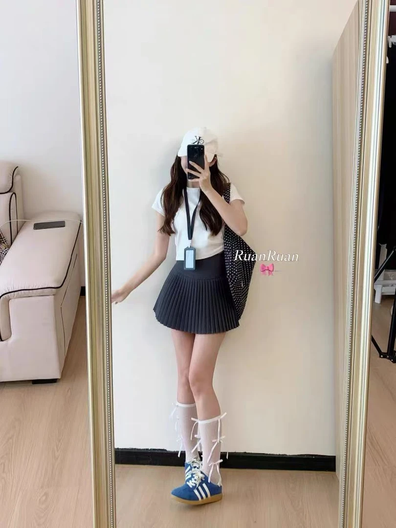 2886夏季新款简约减龄设计感高腰纯色学院风纯欲辣妹百褶半身裙