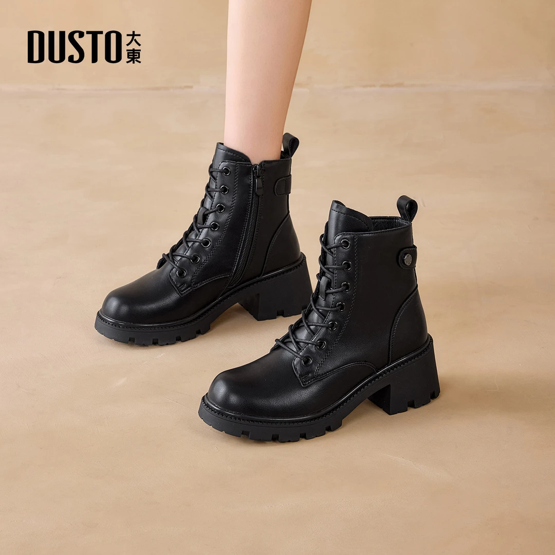 大东女鞋加绒马丁靴2025秋冬保暖英伦风百搭显瘦粗高跟短靴0143