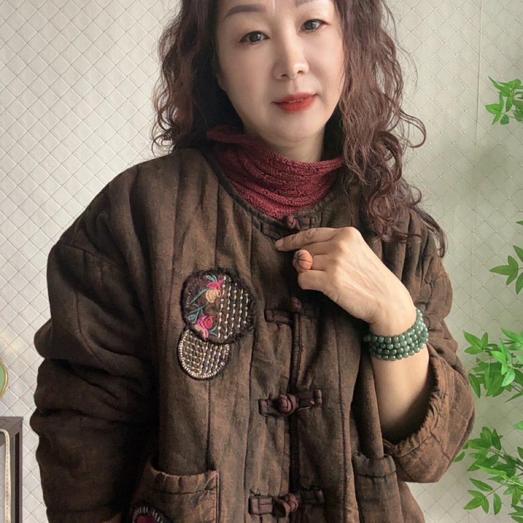 炒色做旧压格加棉圆领棉衣宽松版型