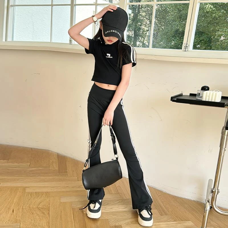 女童运动套装夏装2025新款儿童短袖T恤喇叭裤中大童瑜伽服两件套