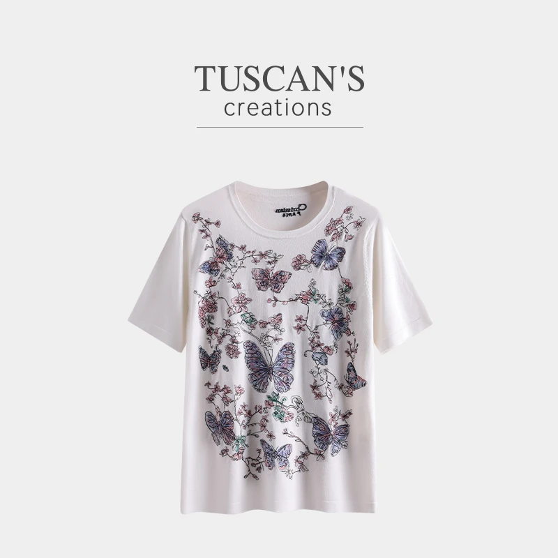 TUSCAN'S CREATIONS时尚短袖薄款蝴蝶刺绣百搭套头针织衫T恤女