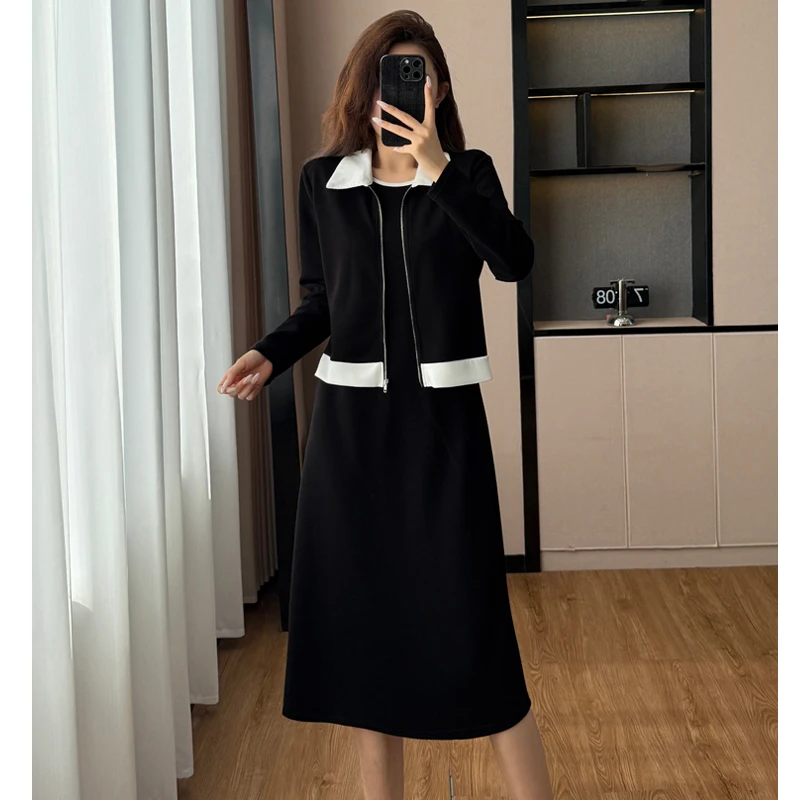 2025冬季新款休闲时尚黑色长裙polo领长袖假两件连衣裙8612