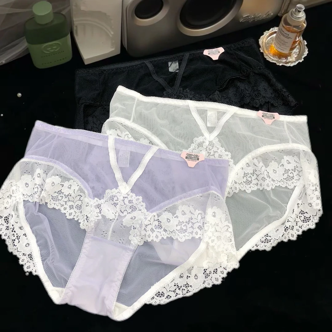 大码纯欲风少女紫色蕾丝内裤胖mm蕾丝无痕舒适透气中高腰三角内裤