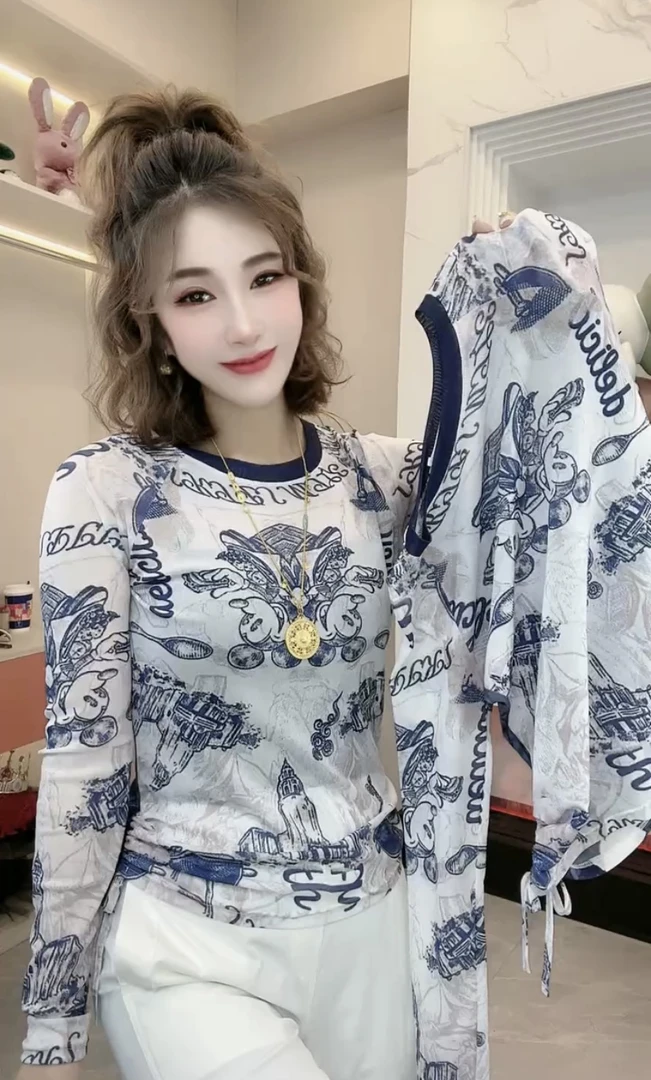 欧洲站2025夏季新款设计师款小众甜辣卡通字母印花防晒长袖T恤女