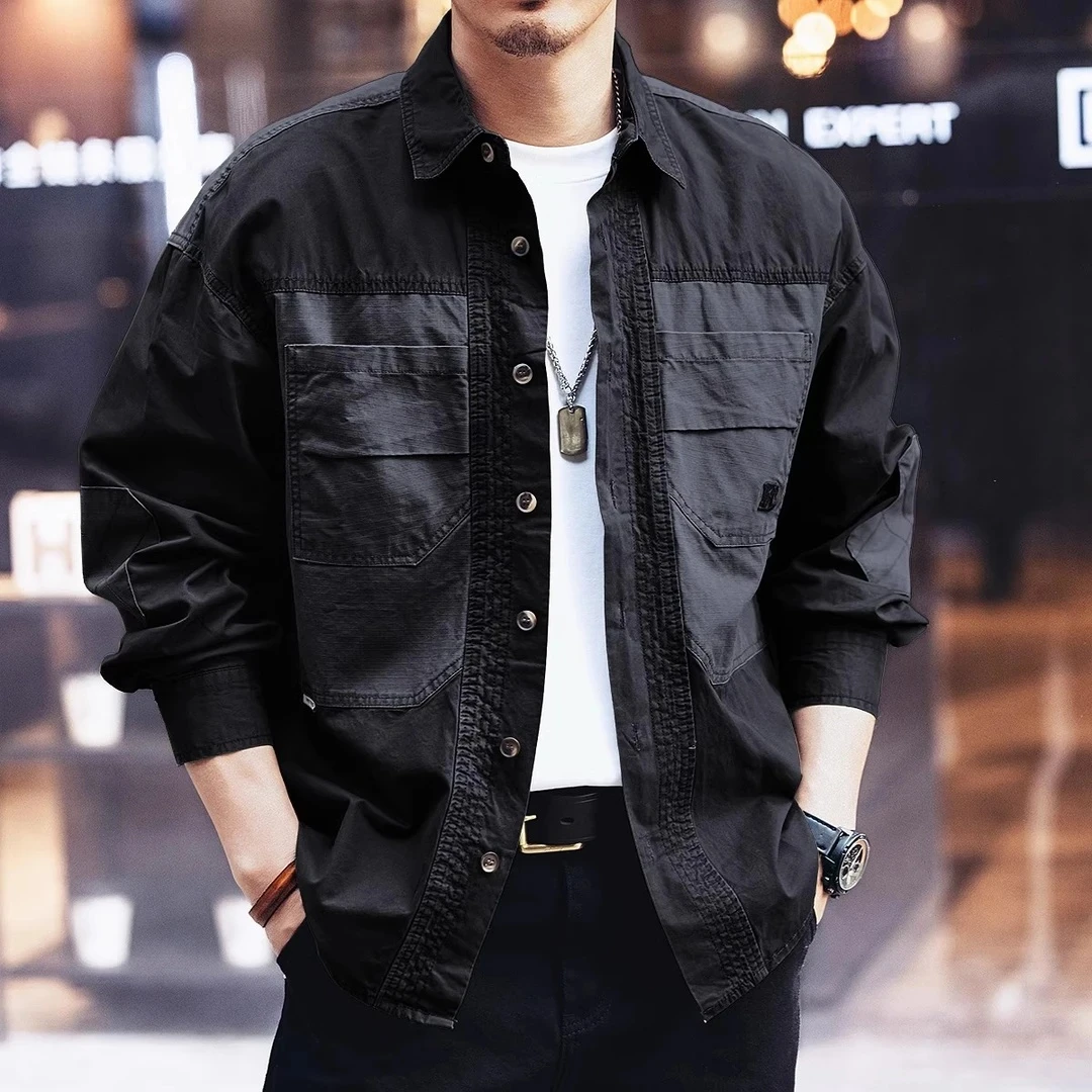 秋季高端潮流拼接工装长袖衬衫男士新款宽松多口袋痞帅休闲衬衣男