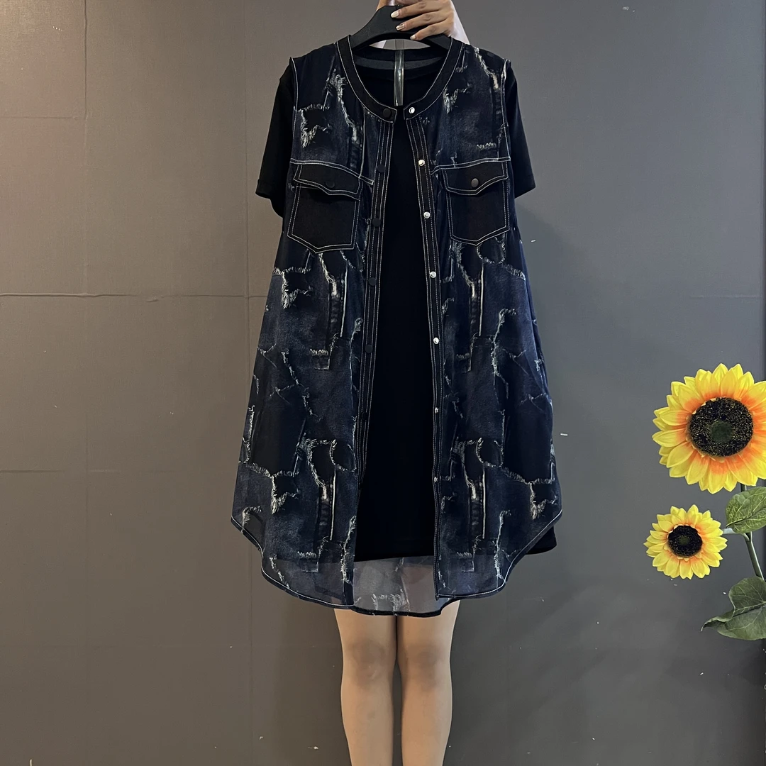 时尚设计怀旧感薄款宽松马甲半袖中长款打底裙两件套1531