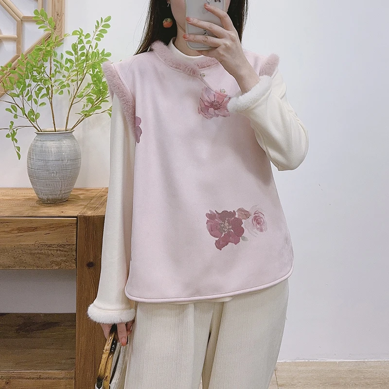 【花间意】新中式拜年服印花加绒冬季毛毛马甲背心 51342