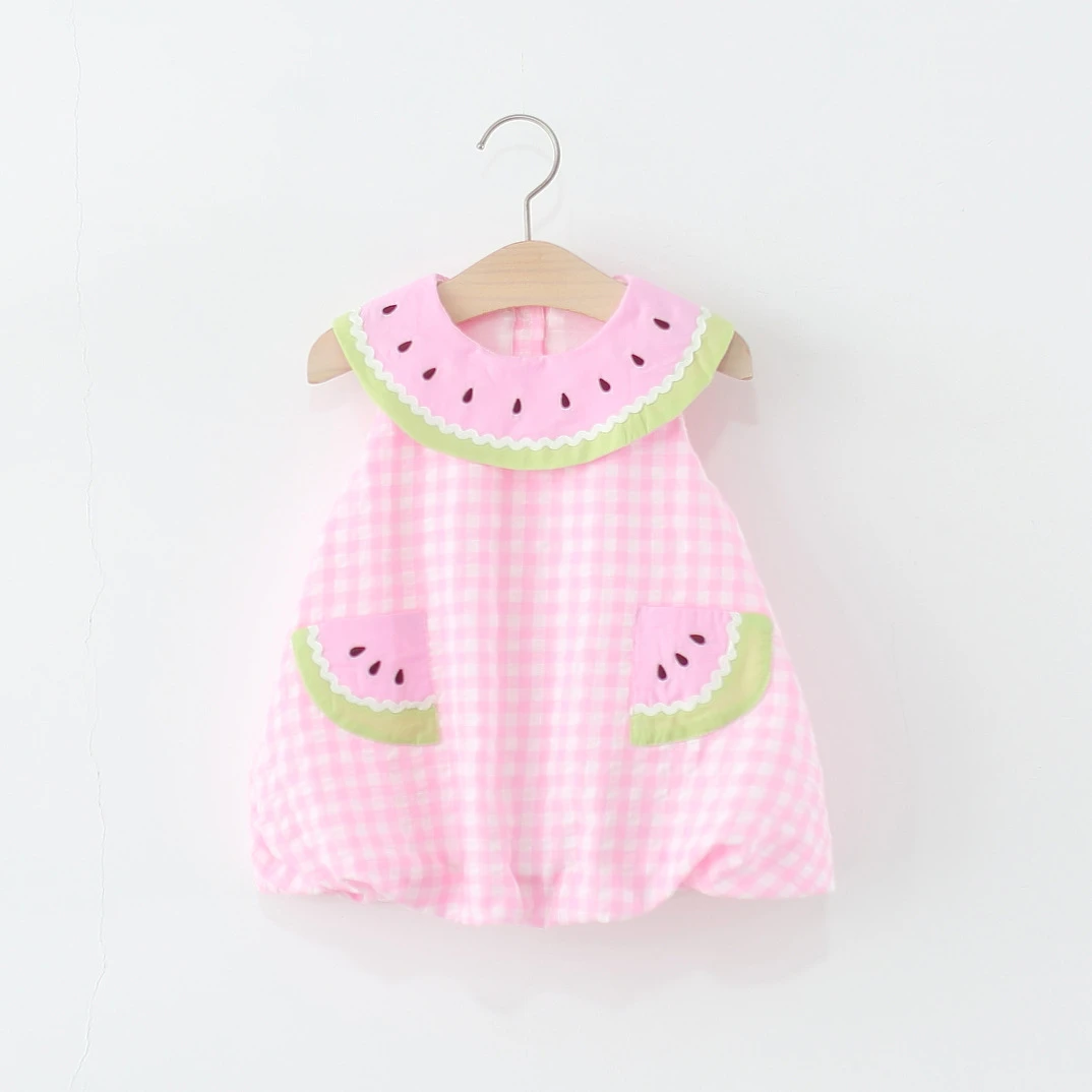 女童无袖连衣裙夏季儿童小女孩西瓜领格子花苞公主裙子女宝宝夏装