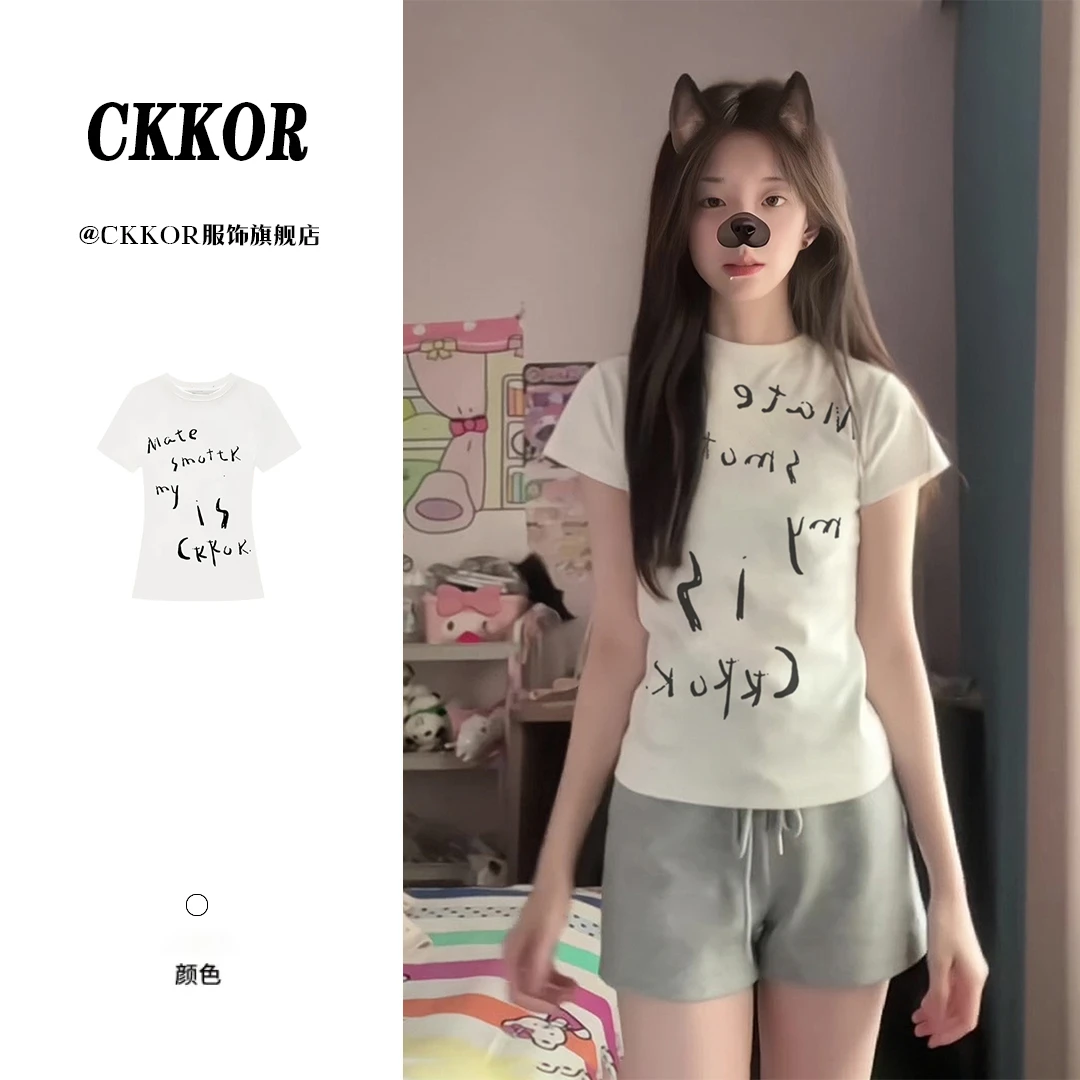 CKKOR卡通少女风短款印花女短袖t恤复古美式夏季新款欧若风上衣