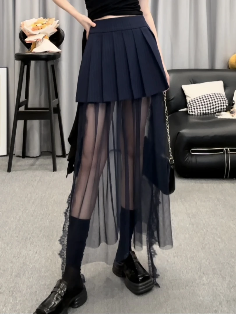 F夏季新款法式网纱拼接条纹半身裙女小众设计高腰显瘦百褶短裙子