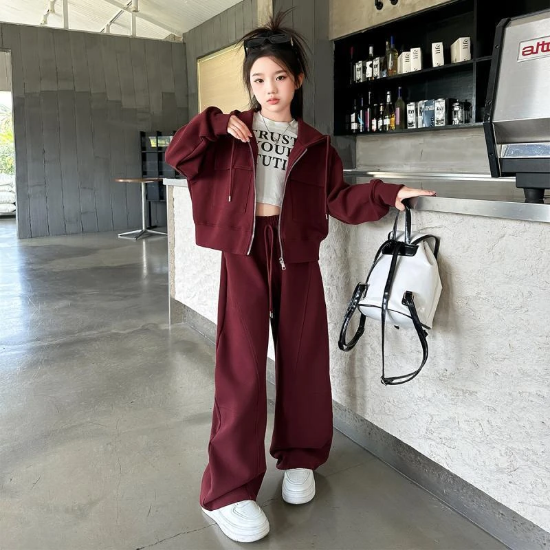 女童安可拉红套装春秋季新款儿童洋气中大童外套运动阔腿裤两件套