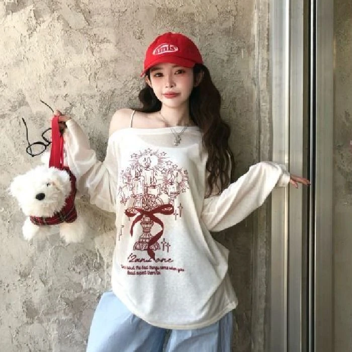 2025夏季新款宽松百搭长袖T恤女薄款复古涂鸦斜肩慵懒风防晒罩衫