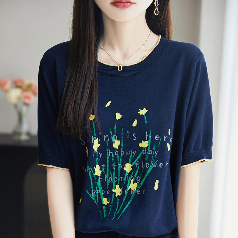 针织夏季印花百搭半袖短袖女款天丝花卉印花T恤287上衣针织衫洋气