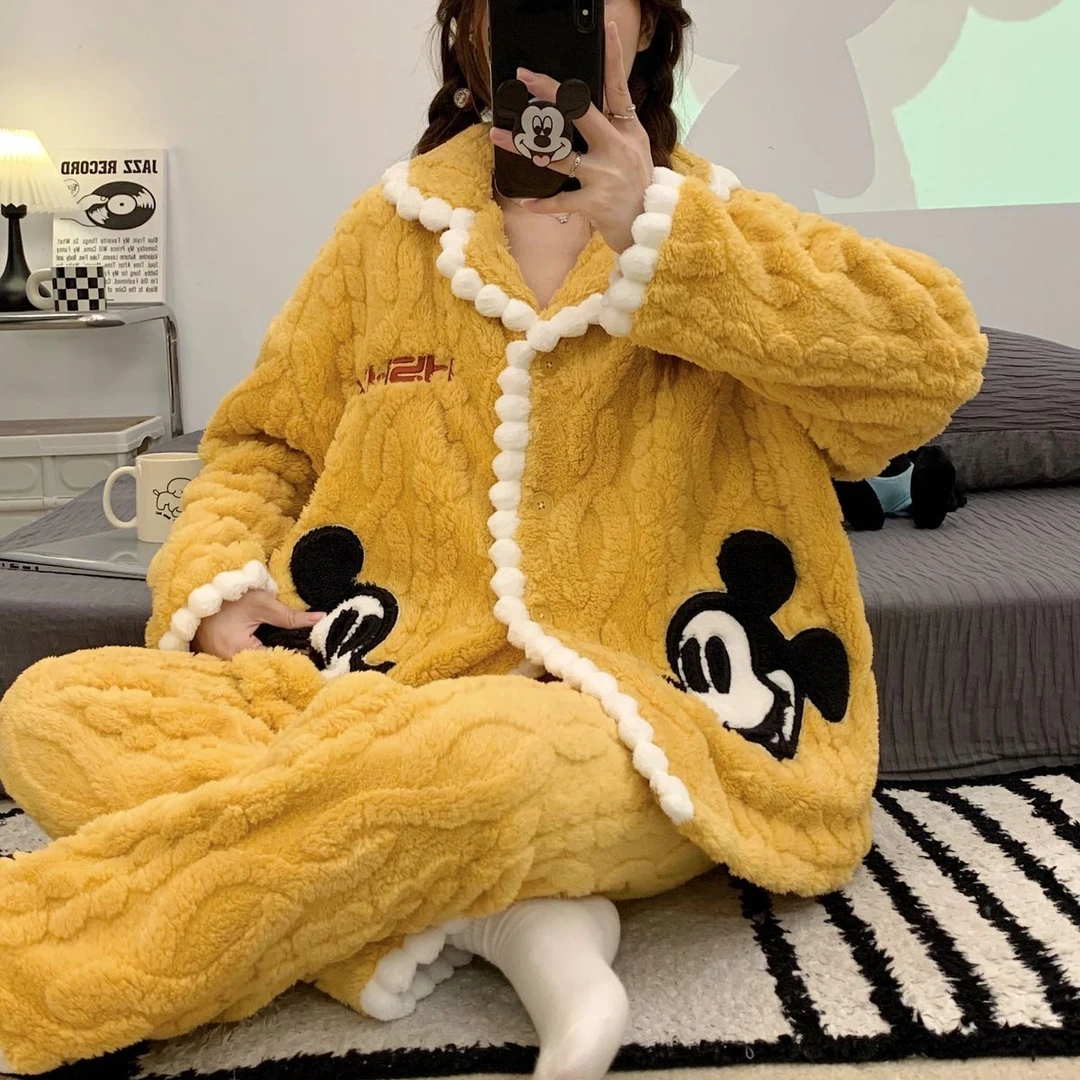 136#珊瑚绒睡衣女冬季加绒加厚黄色米奇家居服套装