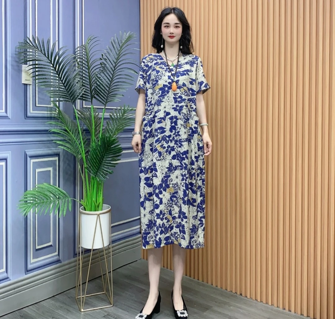 2025夏季短袖连衣裙宽松长裙印花妈妈装气质百搭提花连衣裙65-4