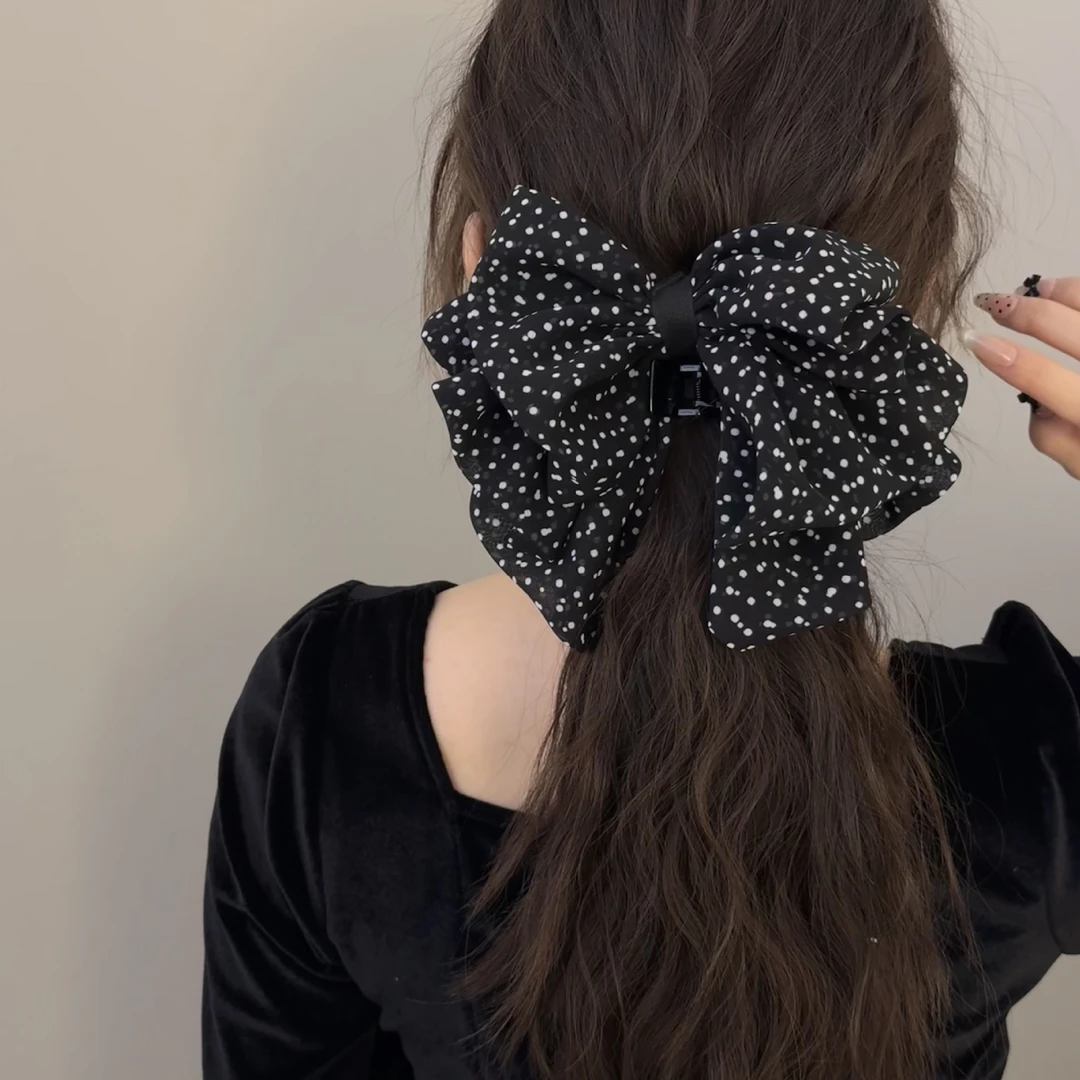 法式雪纺黑白波点蝴蝶结抓夹