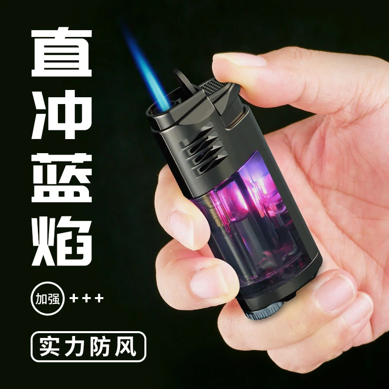 新款网红打火机防风充气直冲高档透明气仓创意高档炫酷耐用点烟器