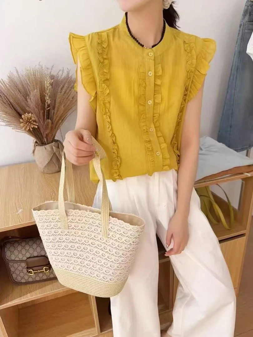 8333夏季不褪色圆领时尚飞飞袖极简风上衣衬衫