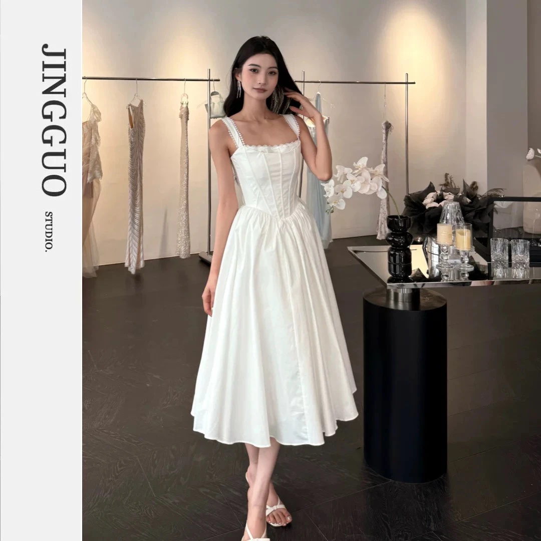 【JINGGUO轻奢】小众设计感法式白色庄园气质法式收腰长裙7439