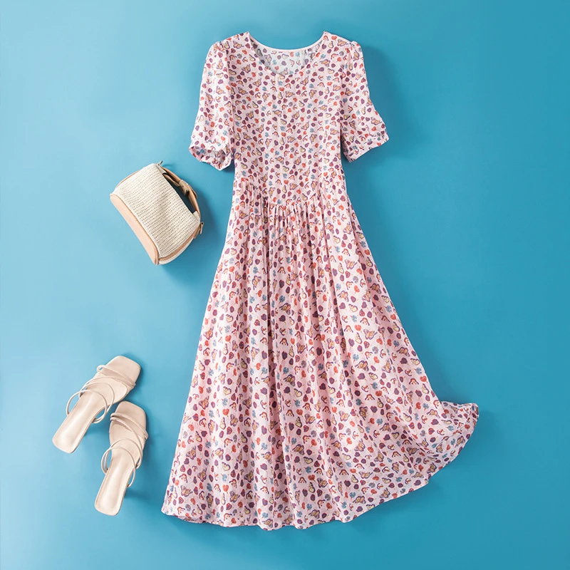 69212春夏新款大码女装桑蚕丝裙子减龄娃娃宽松印花真丝连衣裙