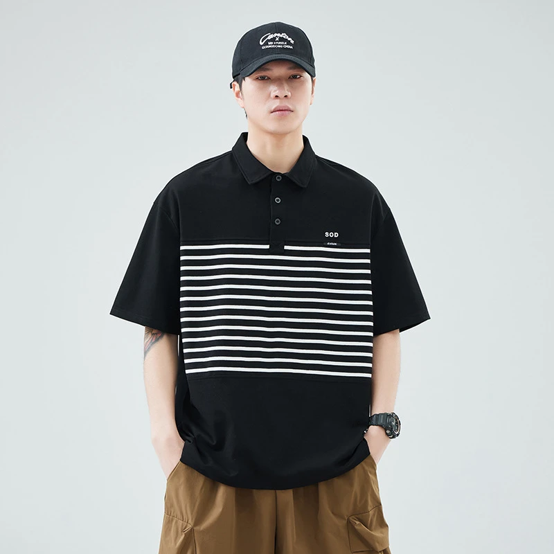 2025新款短袖衫男士夏季新款宽松翻领潮牌休闲上衣半袖体恤衫条纹