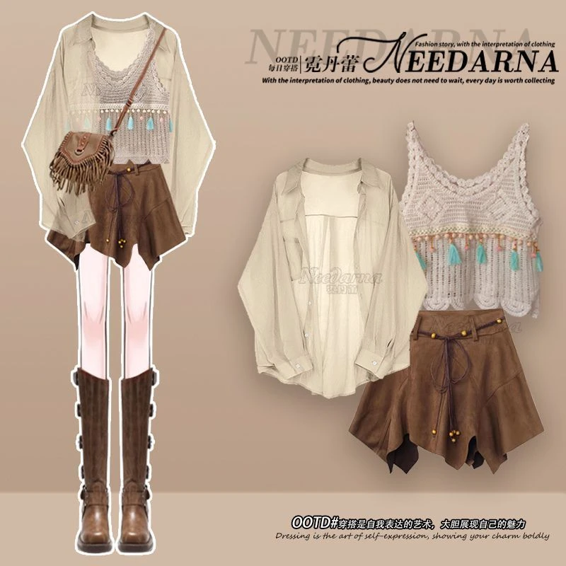 大码女装春季套装女2025新款波西米亚风遮肉背心衬衫短裙三件套潮