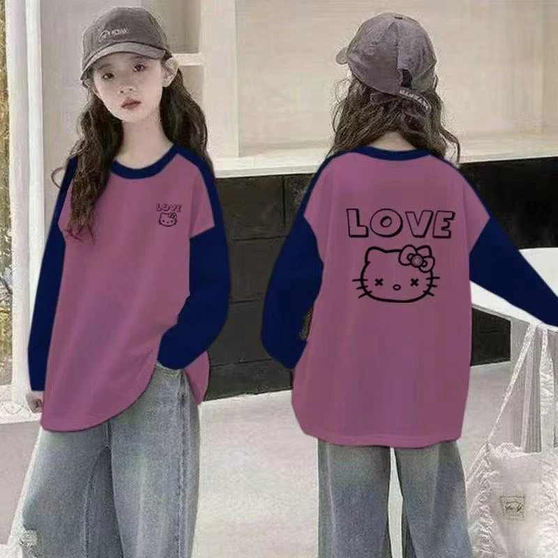 女大童秋装T恤儿童春秋长袖洋气打底衫女孩流行撞色拼接宽松上衣